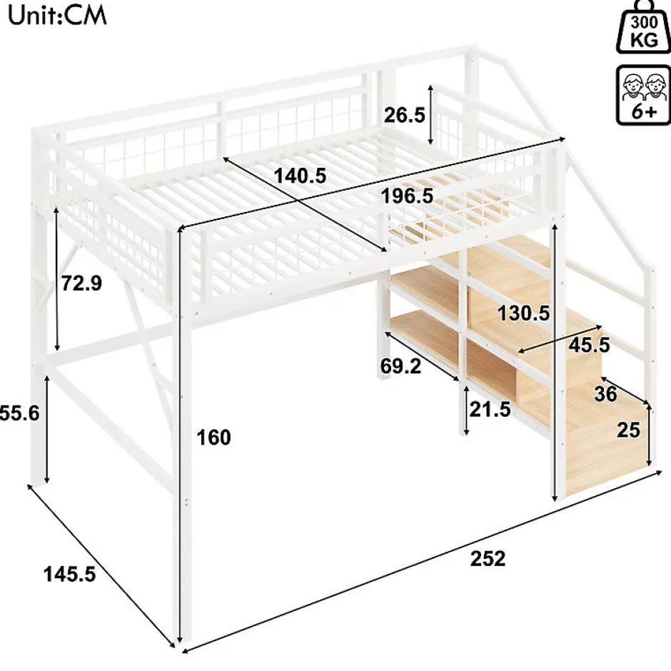 ModernLuxe Lit mezzanine 140 x 200 cm - Structure en fer - Éclairage LED - Escalier - Blanc (matelas non inclus) Hot