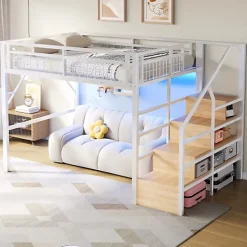 ModernLuxe Lit mezzanine 140 x 200 cm - Structure en fer - Éclairage LED - Escalier - Blanc (matelas non inclus) Hot