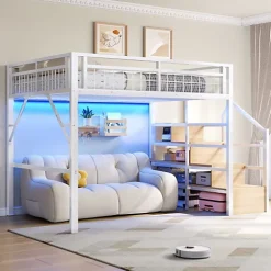 ModernLuxe Lit mezzanine 140 x 200 cm - Structure en fer - Éclairage LED - Escalier - Blanc (matelas non inclus) Hot