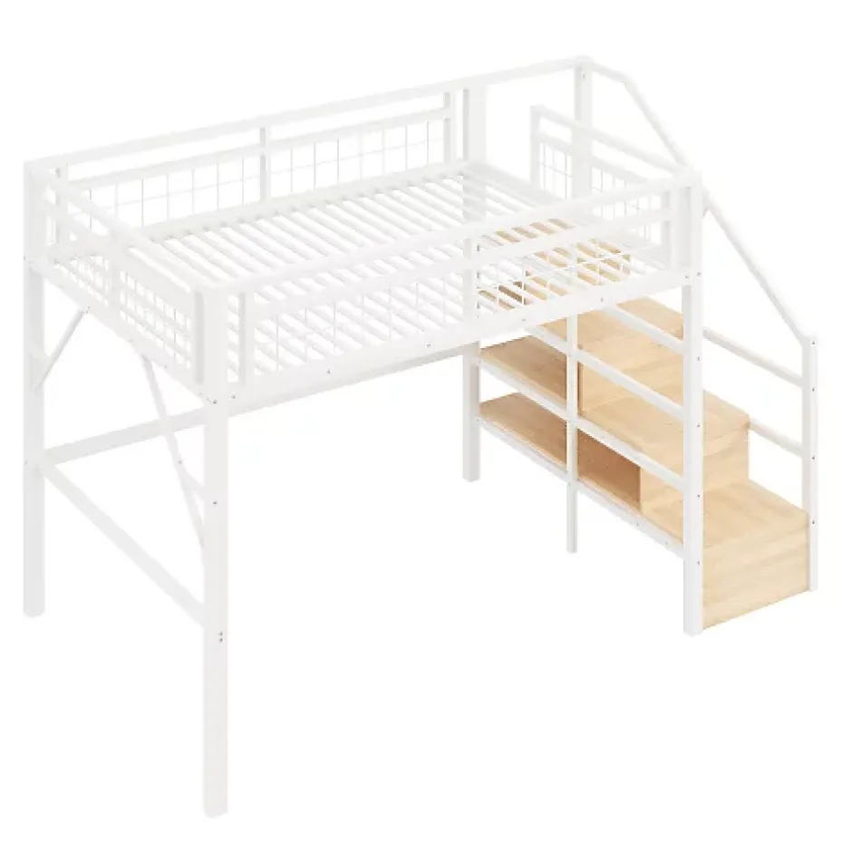 ModernLuxe Lit mezzanine 140 x 200 cm - Structure en fer - Éclairage LED - Escalier - Blanc (matelas non inclus) Hot