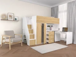 Vente-unique Lit mezzanine 90 x 190 cm avec armoire et bureau - Blanc et naturel - LANILATO