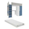Vente-unique Lit mezzanine 90 x 200 cm avec armoire et bureau - Bleu et blanc + matelas - NICOLAS