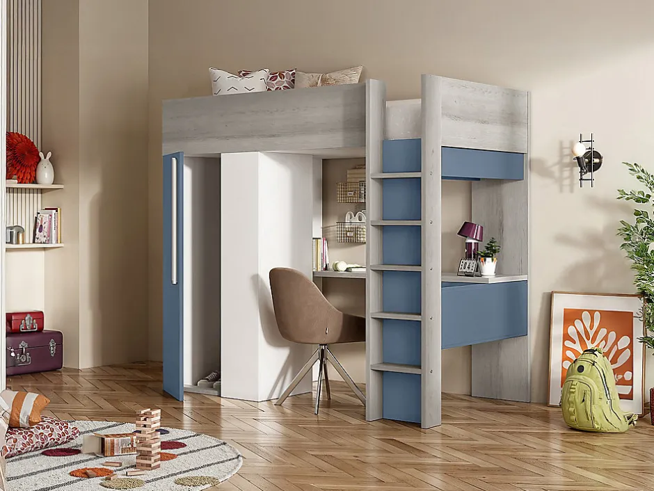 Vente-unique Lit mezzanine 90 x 200 cm avec armoire et bureau - Bleu et blanc + matelas - NICOLAS