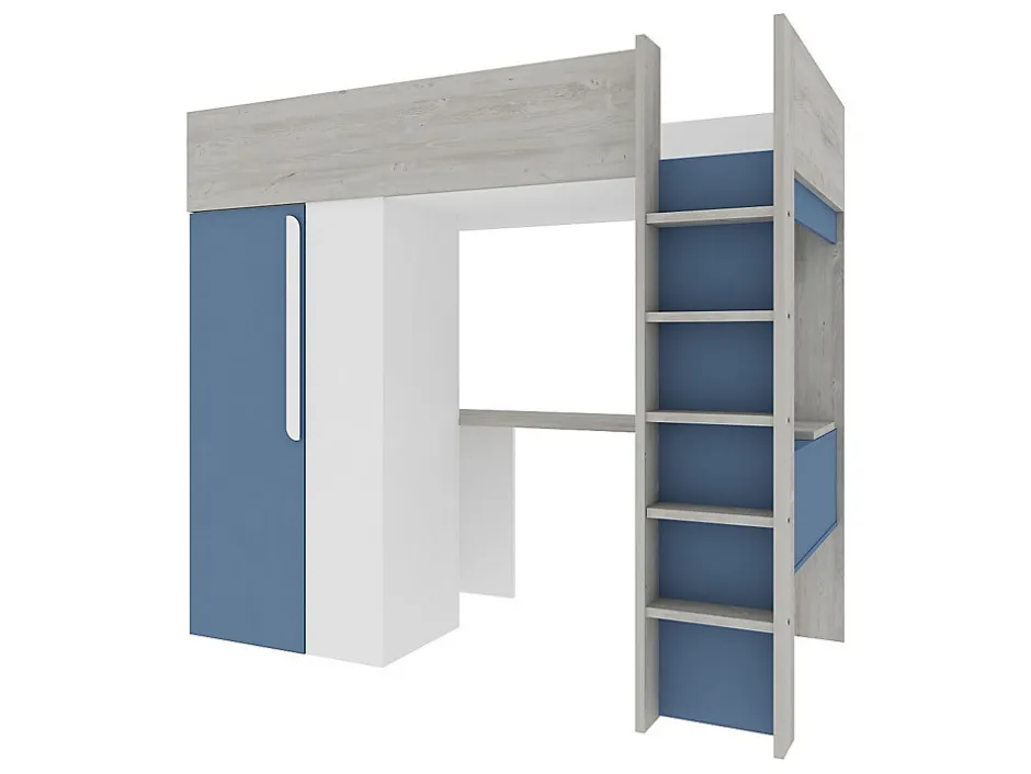 Vente-unique Lit mezzanine 90 x 200 cm avec armoire et bureau - Bleu et blanc + matelas - NICOLAS