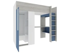 Vente-unique Lit mezzanine 90 x 200 cm avec armoire et bureau - Bleu et blanc + matelas - NICOLAS