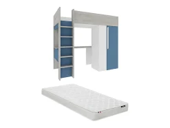 Vente-unique Lit mezzanine 90 x 200 cm avec armoire et bureau - Bleu et blanc + matelas - NICOLAS