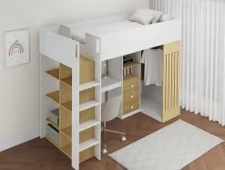 Vente-unique Lit mezzanine 90 x 190 cm avec bureau et penderie - Coloris : Blanc et naturel - LORINTI