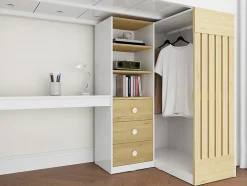 Vente-unique Lit mezzanine 90 x 190 cm avec bureau et penderie - Coloris : Blanc et naturel - LORINTI