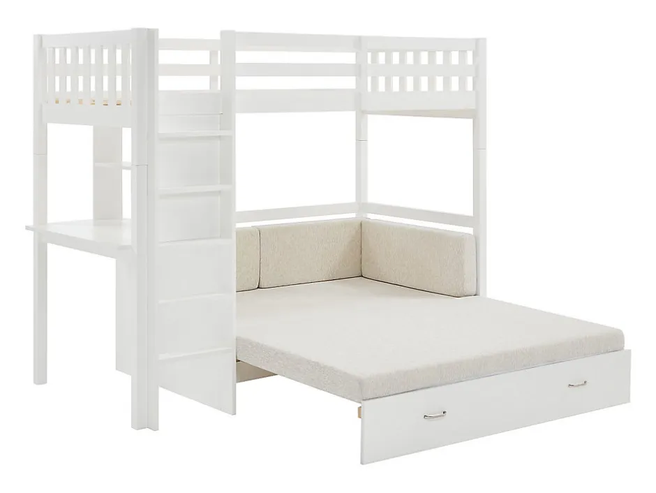Vente-unique Lit mezzanine 90 X 190 cm avec sofa convertible - Pin et MDF - Blanc - ORPELIA