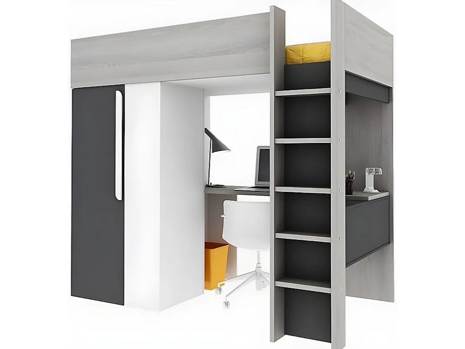 Vente-unique Lit mezzanine 90 x 200 cm avec armoire et bureau - Anthracite et blanc + matelas - NICOLAS II Best