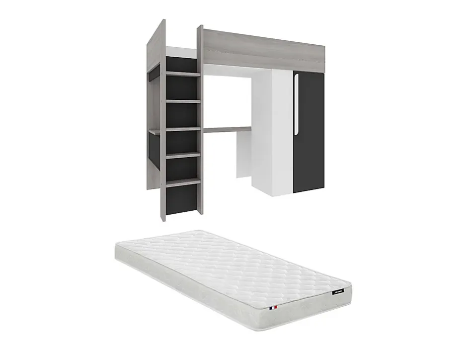 Vente-unique Lit mezzanine 90 x 200 cm avec armoire et bureau - Anthracite et blanc + matelas - NICOLAS II Best