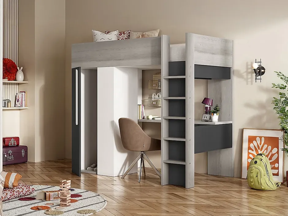 Vente-unique Lit mezzanine 90 x 200 cm avec armoire et bureau - Anthracite et blanc + matelas - NICOLAS II Best