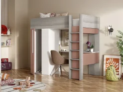 Vente-unique Lit mezzanine 90 x 200 cm avec armoire et bureau - Rose et blanc + matelas - NICOLAS Online