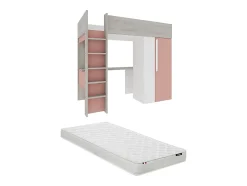Vente-unique Lit mezzanine 90 x 200 cm avec armoire et bureau - Rose et blanc + matelas - NICOLAS Online