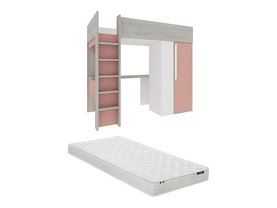 Vente-unique Lit mezzanine 90 x 200 cm avec armoire et bureau - Rose et blanc + matelas - NICOLAS Online