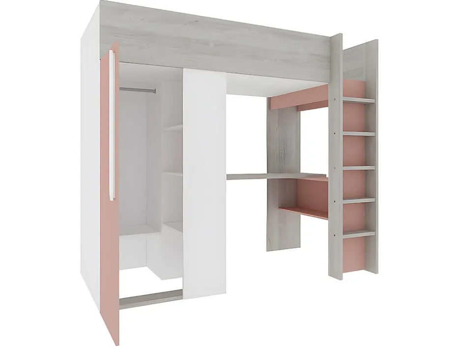 Vente-unique Lit mezzanine 90 x 200 cm avec armoire et bureau - Rose et blanc + matelas - NICOLAS Online