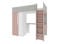 Vente-unique Lit mezzanine 90 x 200 cm avec armoire et bureau - Rose et blanc - NICOLAS
