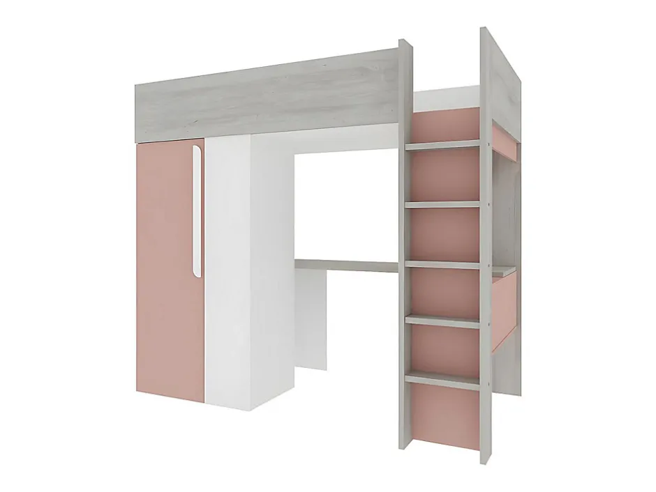 Vente-unique Lit mezzanine 90 x 200 cm avec armoire et bureau - Rose et blanc - NICOLAS