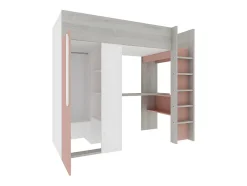 Vente-unique Lit mezzanine 90 x 200 cm avec armoire et bureau - Rose et blanc - NICOLAS