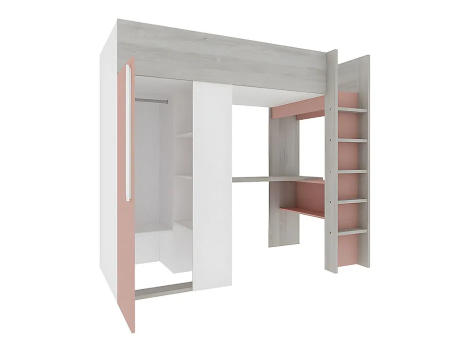 Vente-unique Lit mezzanine 90 x 200 cm avec armoire et bureau - Rose et blanc - NICOLAS