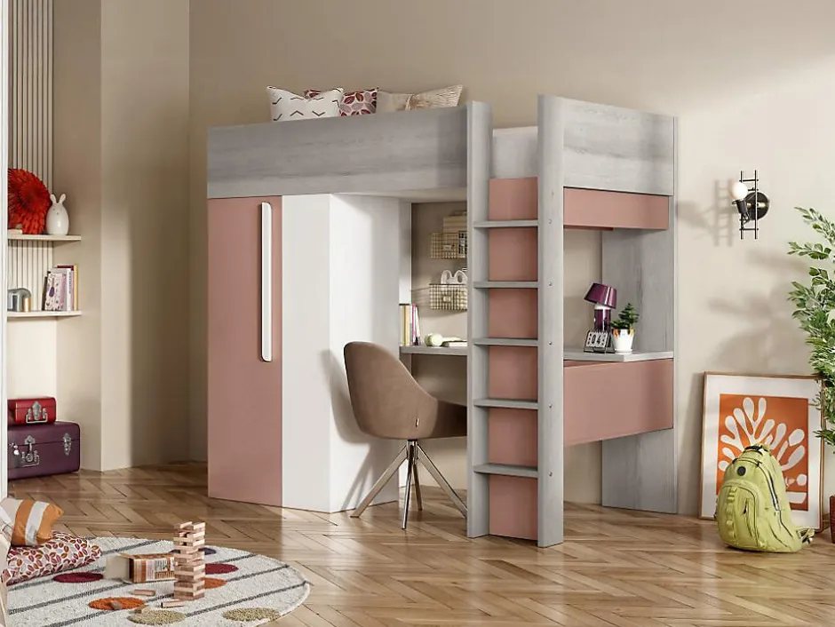 Vente-unique Lit mezzanine 90 x 200 cm avec armoire et bureau - Rose et blanc - NICOLAS
