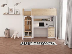Vente-unique Lit mezzanine 90 x 190 cm avec penderie et bureau - Coloris : Naturel et blanc - ALVENOU