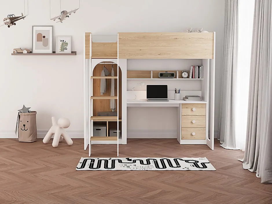 Vente-unique Lit mezzanine 90 x 190 cm avec penderie et bureau - Coloris : Naturel et blanc - ALVENOU