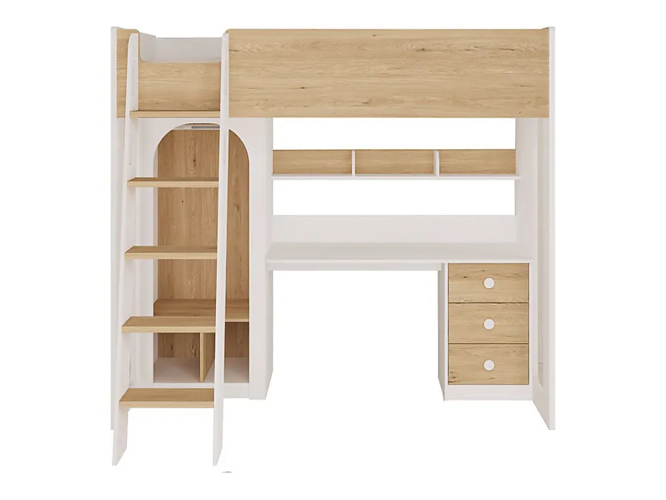 Vente-unique Lit mezzanine 90 x 190 cm avec penderie et bureau - Coloris : Naturel et blanc - ALVENOU