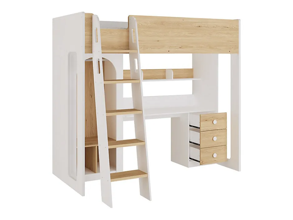 Vente-unique Lit mezzanine 90 x 190 cm avec penderie et bureau - Coloris : Naturel et blanc - ALVENOU