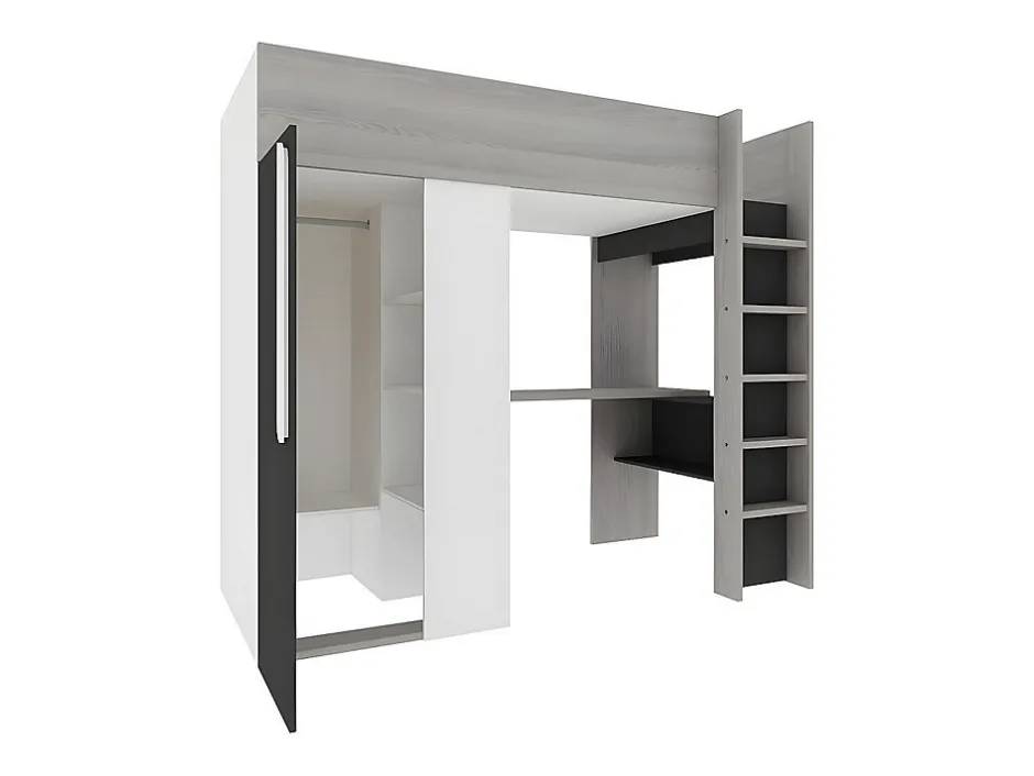 Vente-unique Lit mezzanine 90 x 200 cm avec armoire et bureau - Anthracite et blanc - NICOLAS II