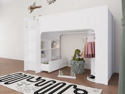 Vente-unique Lit mezzanine 90 x 190 cm avec rangements - Blanc - COLUMI