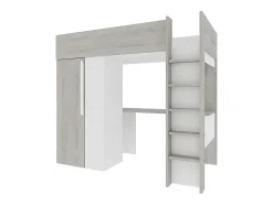 Vente-unique Lit mezzanine 90 x 200 cm avec armoire et bureau - Naturel grisé et blanc - NICOLAS