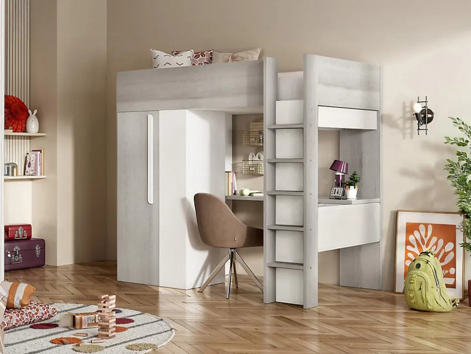 Vente-unique Lit mezzanine 90 x 200 cm avec armoire et bureau - Naturel grisé et blanc - NICOLAS