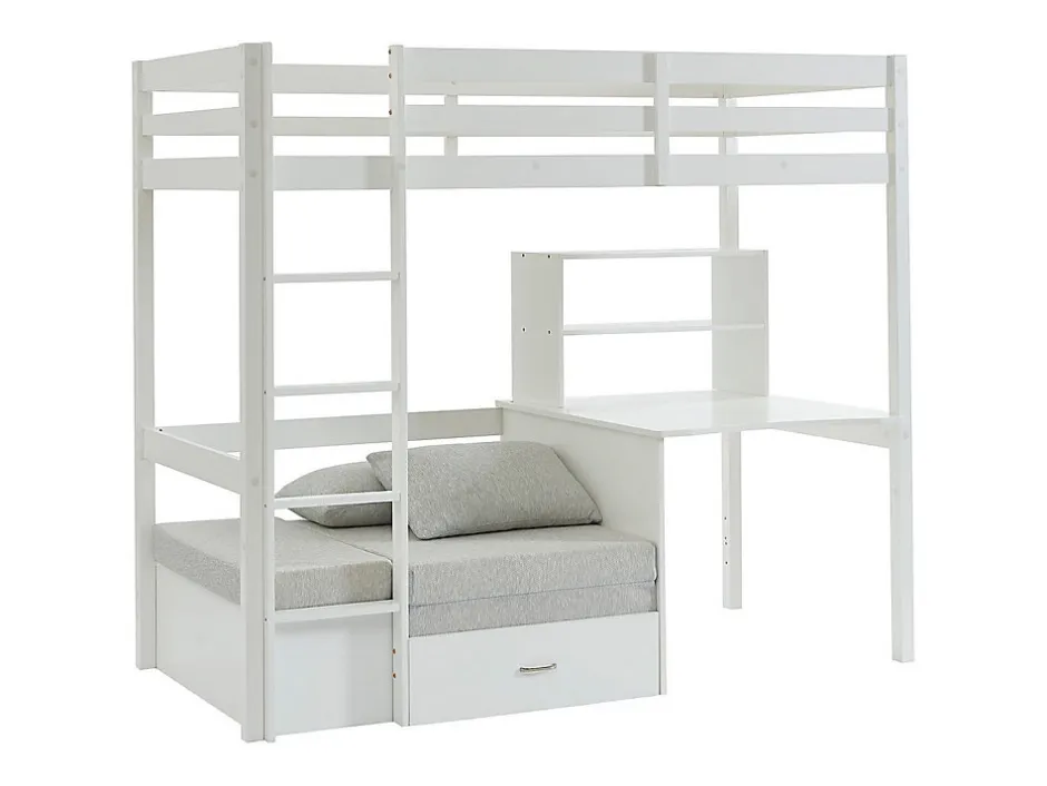 Vente-unique Lit mezzanine 90 x 200 cm avec bureau, sofa convertible et rangements - Pin et MDF - Blanc - GOLIATH III