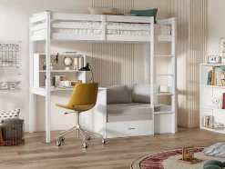 Vente-unique Lit mezzanine 90 x 200 cm avec bureau, sofa convertible et rangements - Pin et MDF - Blanc - GOLIATH III