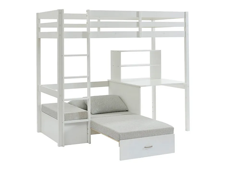 Vente-unique Lit mezzanine 90 x 200 cm avec bureau, sofa convertible et rangements - Pin et MDF - Blanc - GOLIATH III