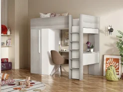Vente-unique Lit mezzanine 90 x 200 cm avec armoire et bureau - Naturel grisé et blanc + Matelas - NICOLAS