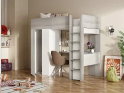 Vente-unique Lit mezzanine 90 x 200 cm avec armoire et bureau - Naturel grisé et blanc + Matelas - NICOLAS