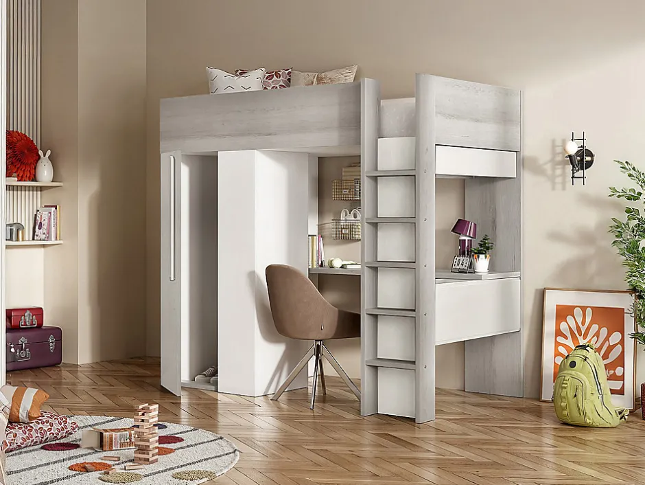 Vente-unique Lit mezzanine 90 x 200 cm avec armoire et bureau - Naturel grisé et blanc + Matelas - NICOLAS