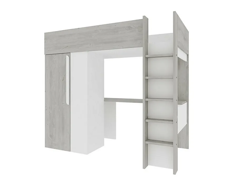Vente-unique Lit mezzanine 90 x 200 cm avec armoire et bureau - Naturel grisé et blanc + Matelas - NICOLAS