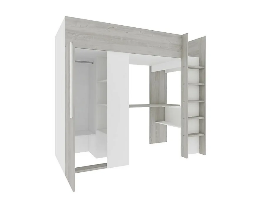 Vente-unique Lit mezzanine 90 x 200 cm avec armoire et bureau - Naturel grisé et blanc + Matelas - NICOLAS