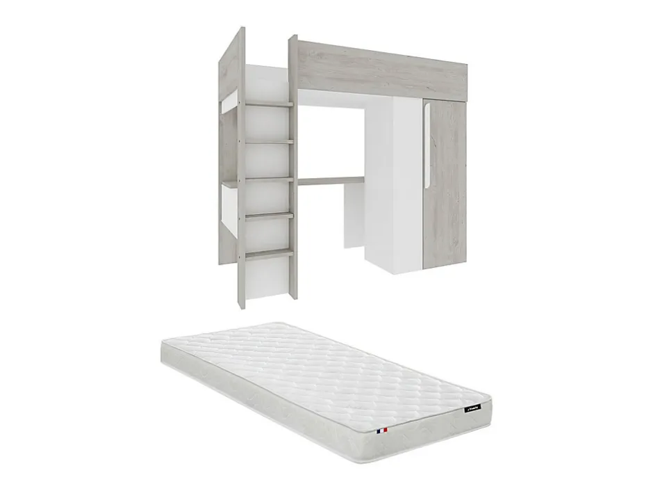 Vente-unique Lit mezzanine 90 x 200 cm avec armoire et bureau - Naturel grisé et blanc + Matelas - NICOLAS