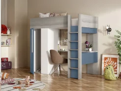 Vente-unique Lit mezzanine 90 x 200 cm avec armoire et bureau - Bleu et blanc - NICOLAS