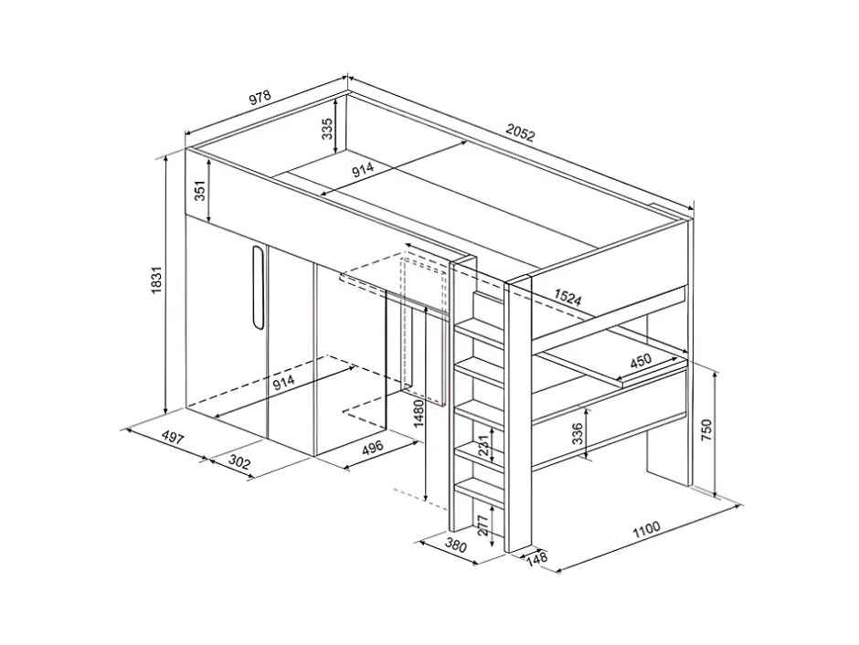 Vente-unique Lit mezzanine 90 x 200 cm avec armoire et bureau - Bleu et blanc - NICOLAS