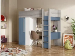 Vente-unique Lit mezzanine 90 x 200 cm avec armoire et bureau - Bleu et blanc - NICOLAS