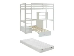 Vente-unique Lit mezzanine 90 x 200 cm avec bureau, sofa convertible et rangements - Pin massif - Blanchi + Matelas - GOLIATH III