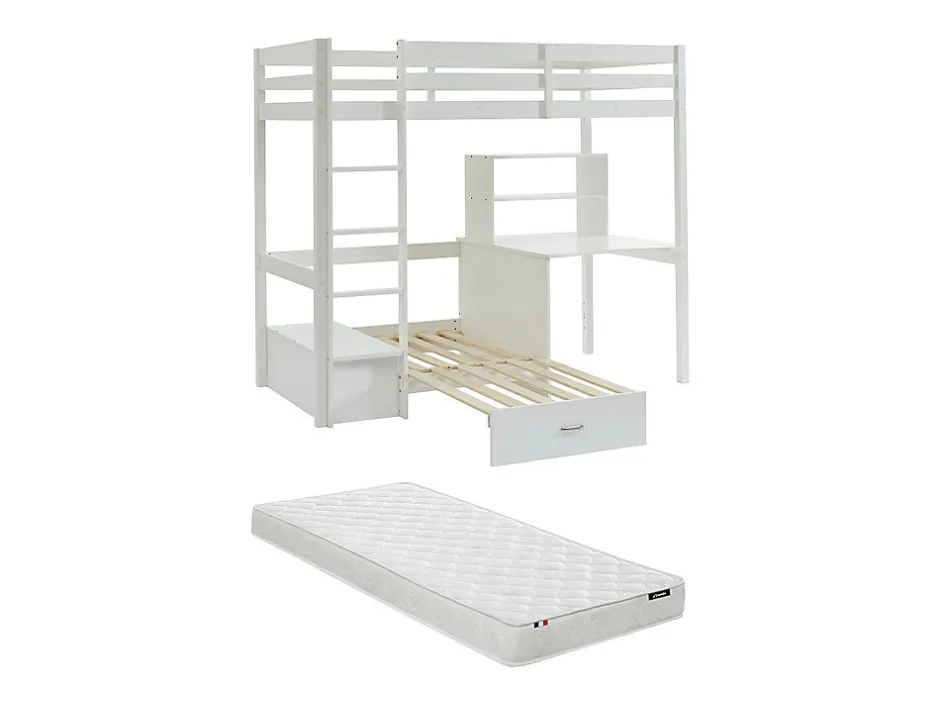Vente-unique Lit mezzanine 90 x 200 cm avec bureau, sofa convertible et rangements - Pin massif - Blanchi + Matelas - GOLIATH III