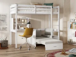 Vente-unique Lit mezzanine 90 x 200 cm avec bureau, sofa convertible et rangements - Pin massif - Blanchi + Matelas - GOLIATH III