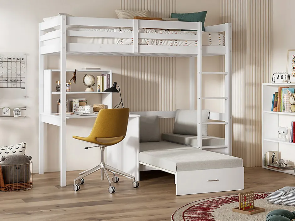 Vente-unique Lit mezzanine 90 x 200 cm avec bureau, sofa convertible et rangements - Pin massif - Blanchi + Matelas - GOLIATH III