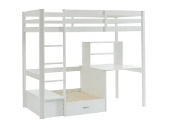 Vente-unique Lit mezzanine 90 x 200 cm avec bureau, sofa convertible et rangements - Pin massif - Blanchi + Matelas - GOLIATH III